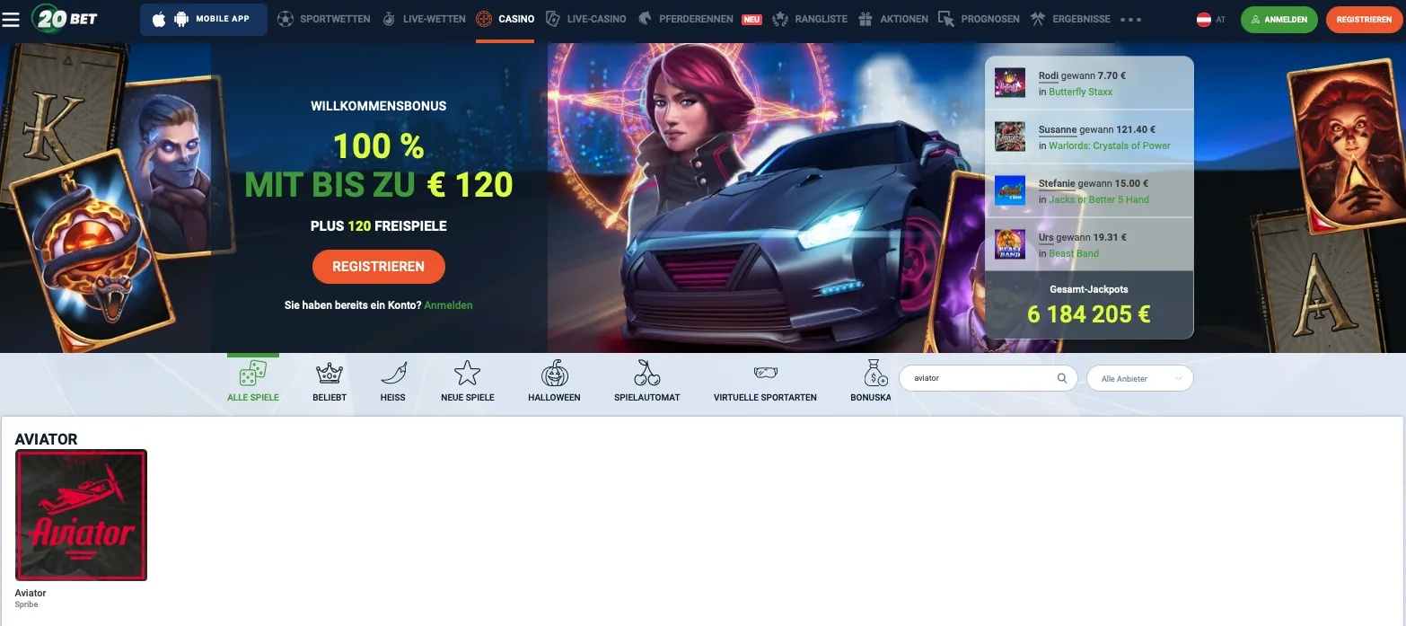 Aviator 20Bet Casino Lobby