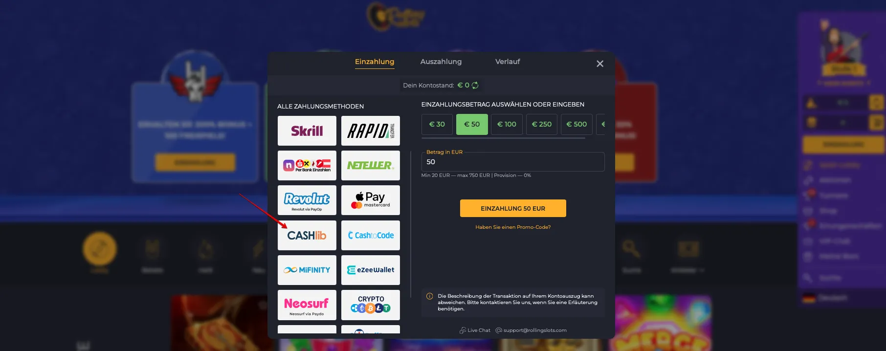 Rollingslots Casino Cashlib