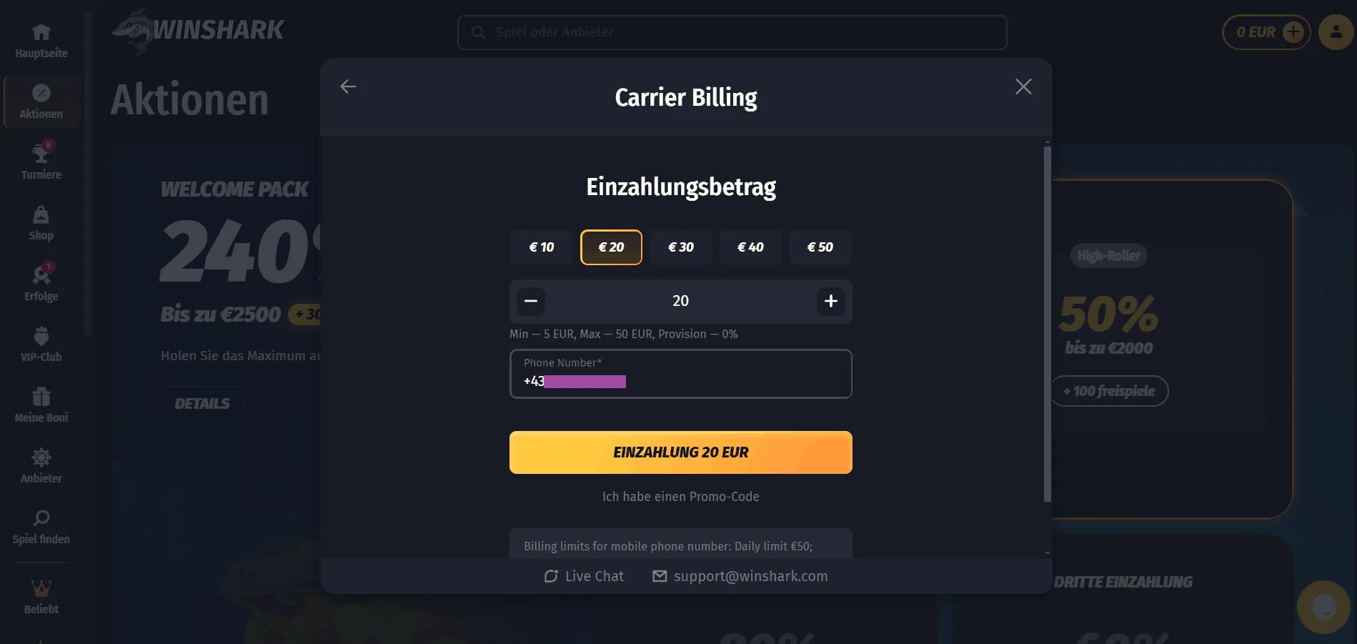 Einzahlung mit A1 Telefonrechnung im Winshark Casino