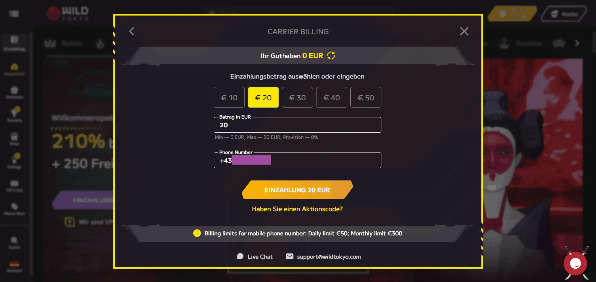 Einzahlung mit Telefonrechnung im A1 Online Casino