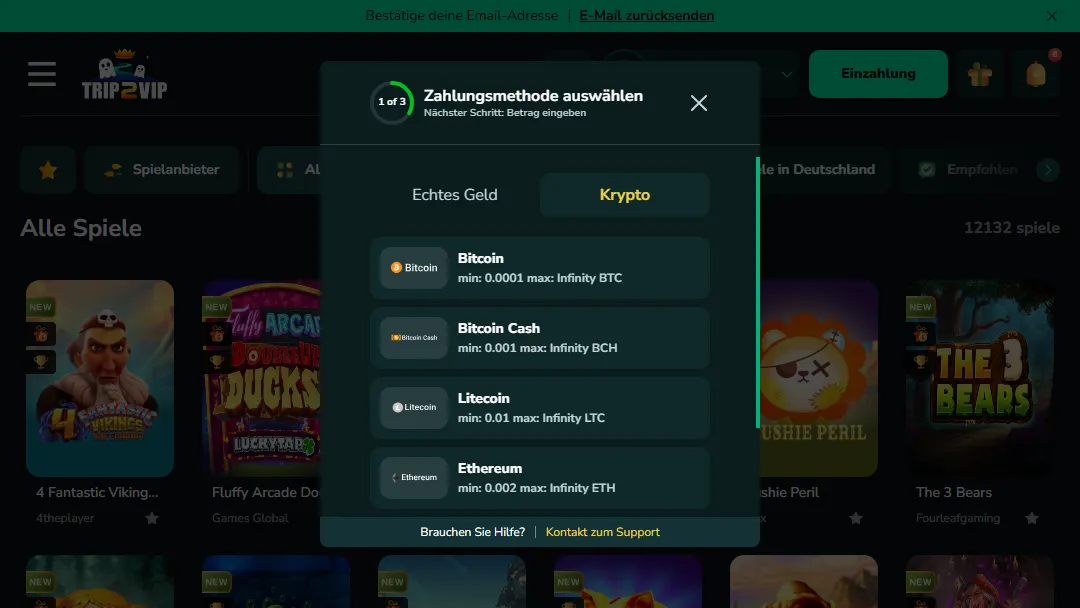 Trip2Vip Krypto-Zahlung Mathods für 1-3 Euro Einzahlungen