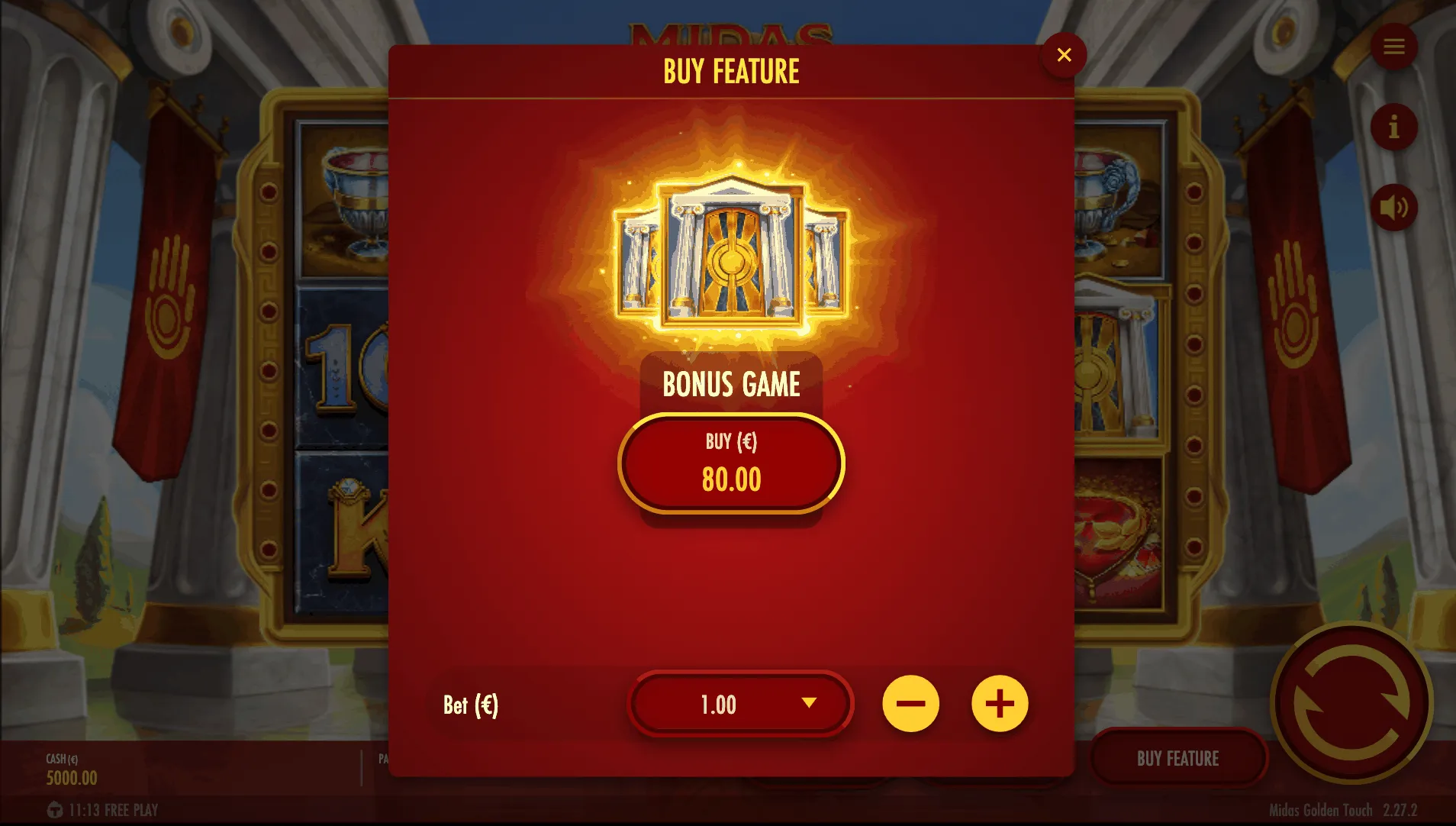 Das Pop-up-Fenster für den Kaufbonus im Online-Casino-Spielautomaten