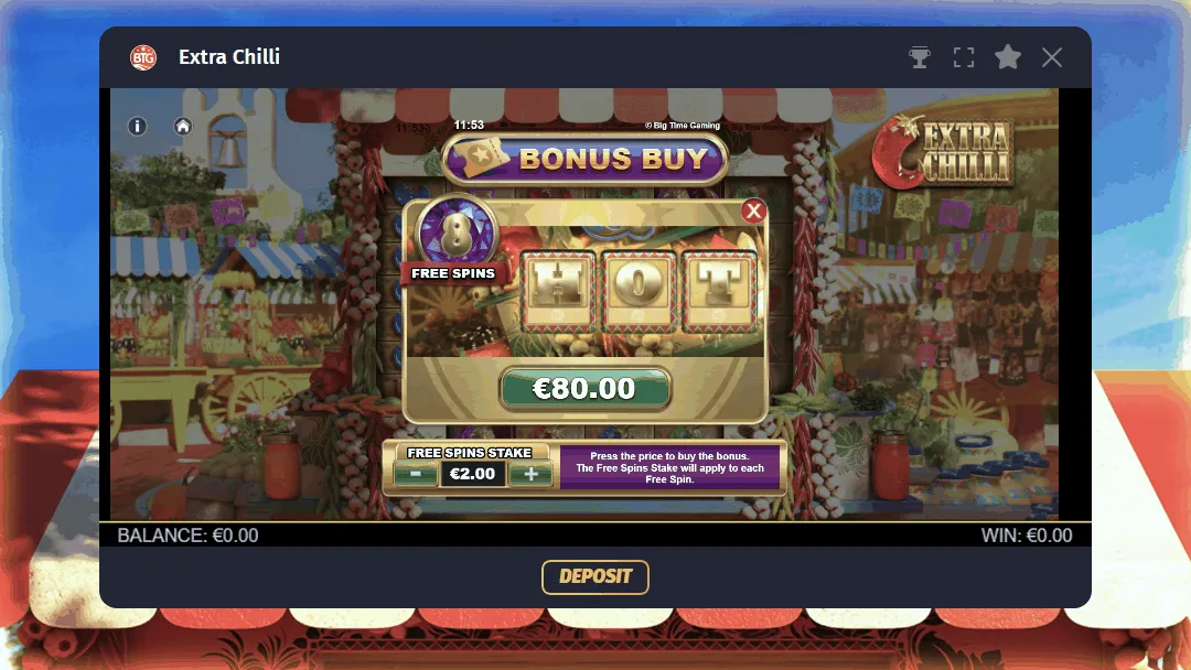 Optionen für den Kauf von Freispielen im Extra Chilli Casino Slot.