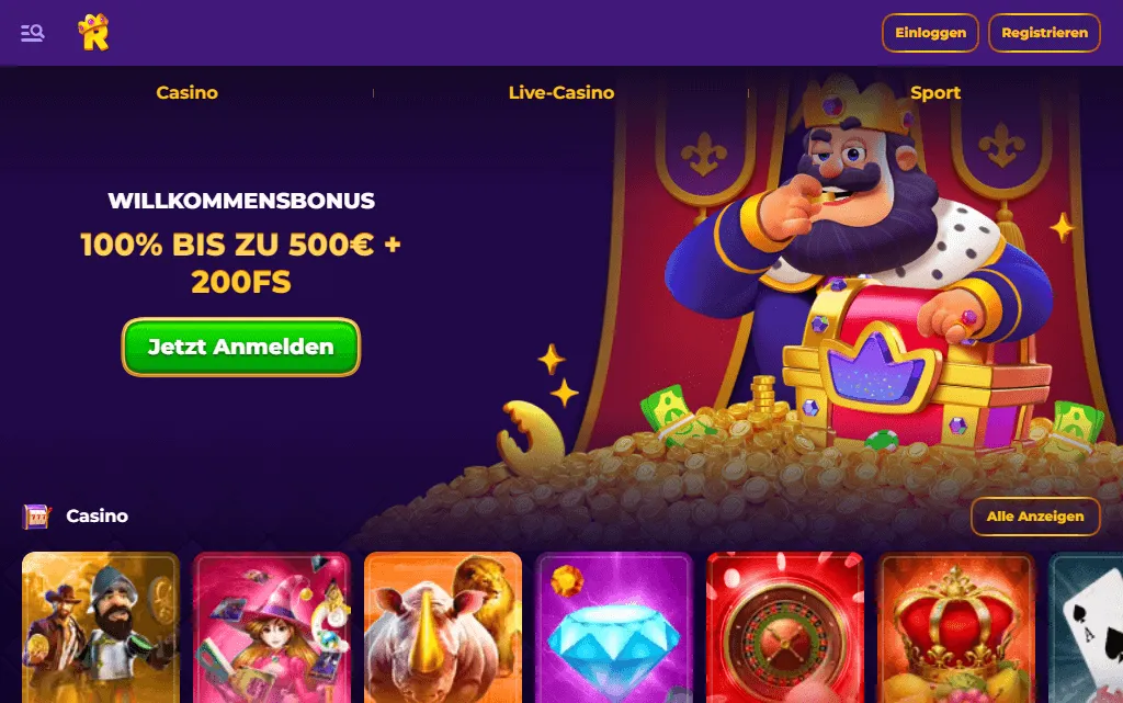 Willkommensbonus-Banner und Spielautomaten aus dem Royal Game-Portfolio