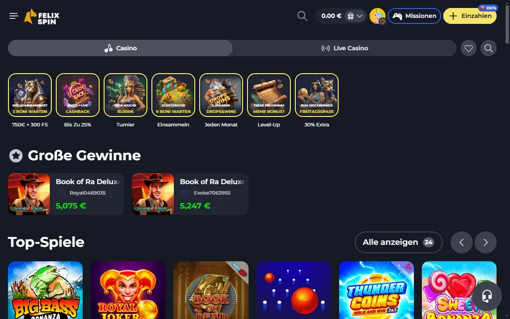 Spielkatalog auf der Felixspin Online Casino Seite