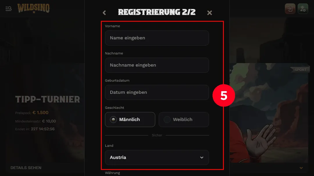 Hervorgehobene Felder für die Eingabe der persönlichen Spielerdaten