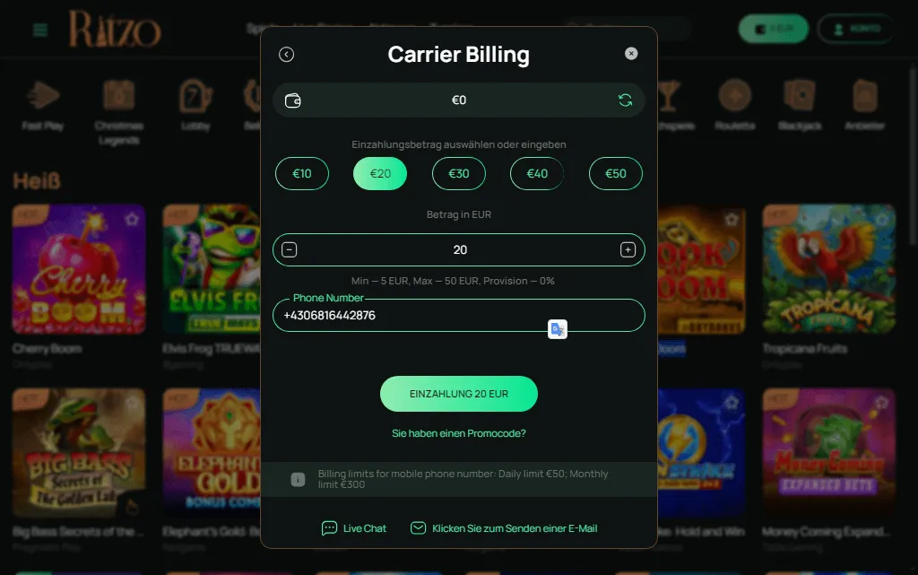 Informationen und Felder für Einzahlungen mit A1 im Ritzo Casino