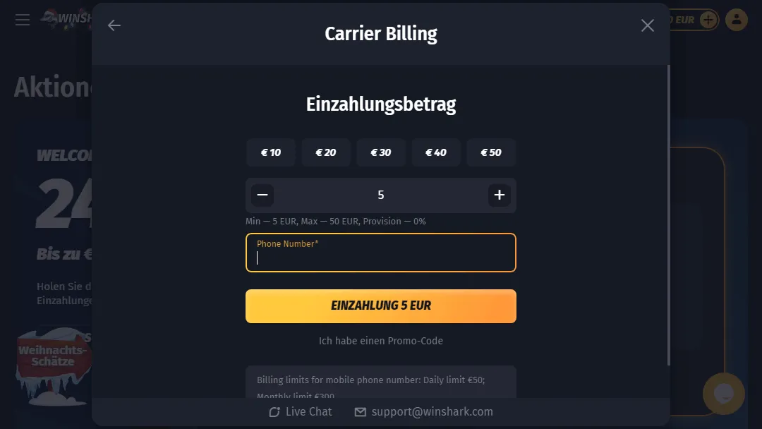 Bedingungen und eine hervorgehobene Schaltfläche für die Einzahlung von 5 EUR im Online-Casino