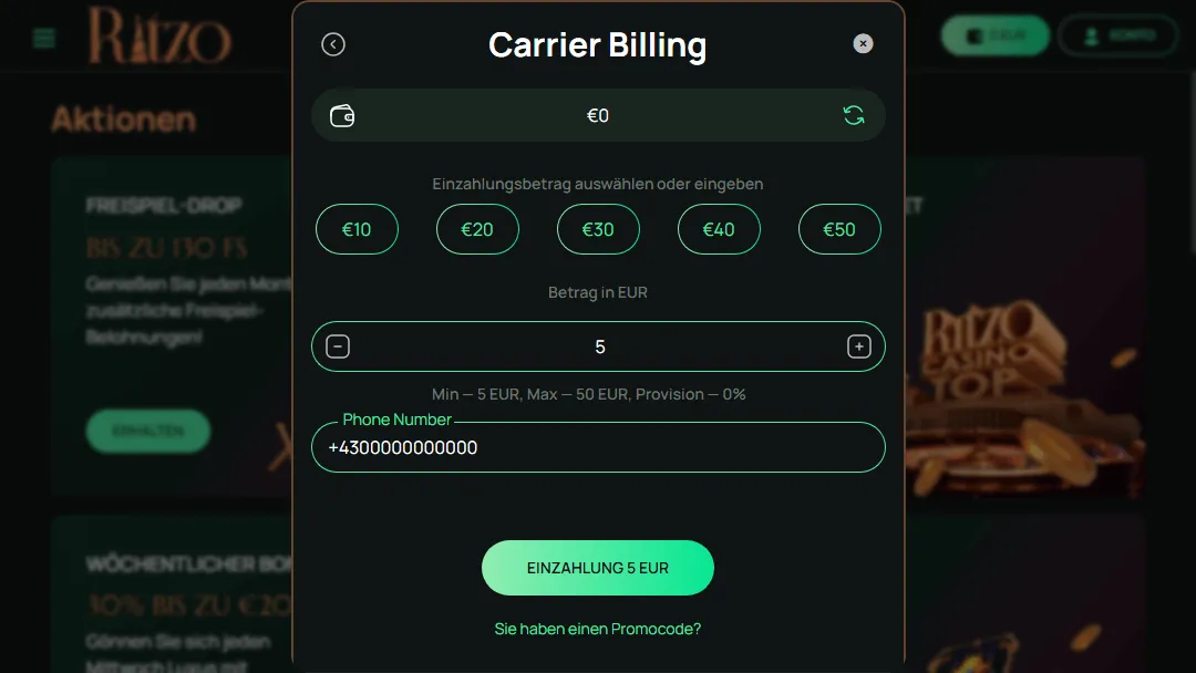 Hervorgehobene Schaltfläche für die Einzahlung von 5 Euro auf das Casino-Konto