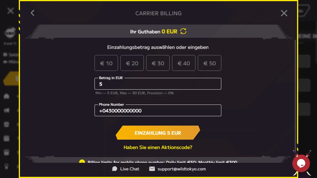 Hervorgehobene 5 EUR Einzahlungstaste bei Wild Casino