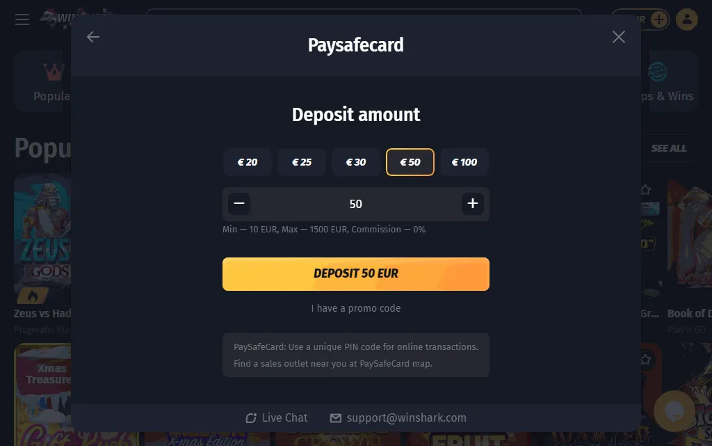 Paysafecard-Einstellungen im Einzahlungsfenster