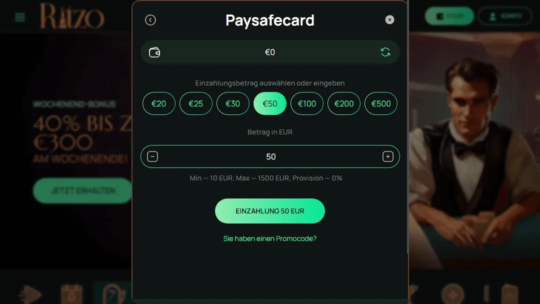 Paysafecard-Einzahlungsfenster im Ritzo Online Casino