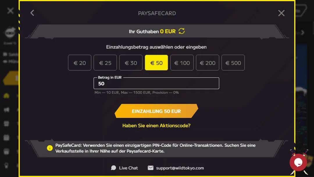 Paysafecard-Einstellungen im Einzahlungsfenster des Online Casinos