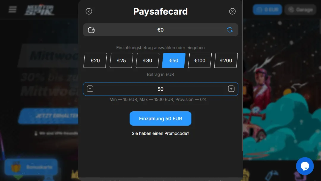 Paysafecard-Einzahlungsfenster im Online Casino