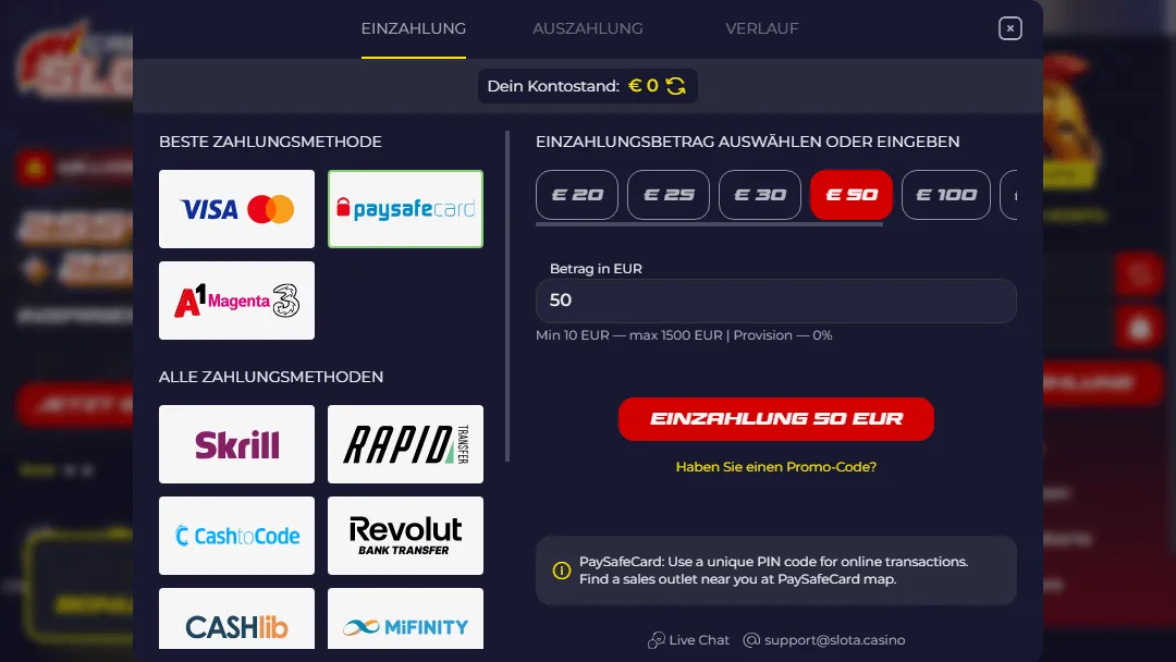 Paysafecard-Einstellungen im Einzahlungsfenster des Casinos