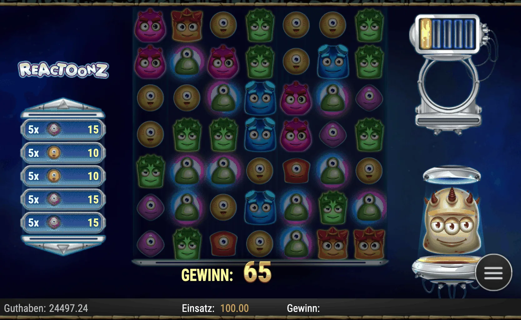 Hervorgehobene Tabelle mit den aktuellen Gewinnkombinationen und dem Preispot in der Reactoonz Slot.