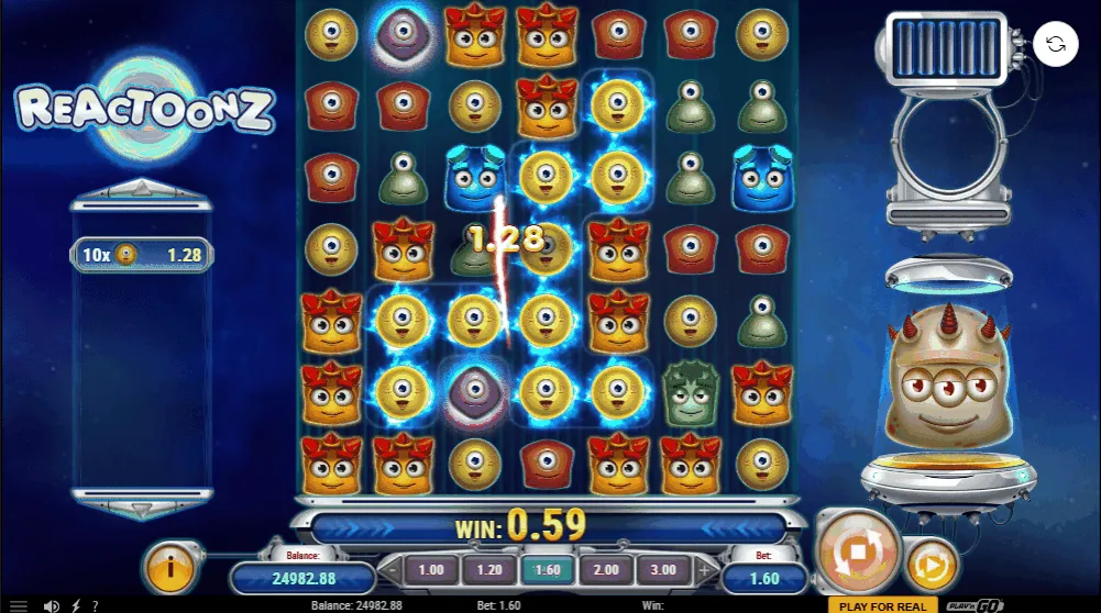 Drei Symbole in einer diagonalen Linie, die eine Gewinnkombination in Reactoonz bilden.