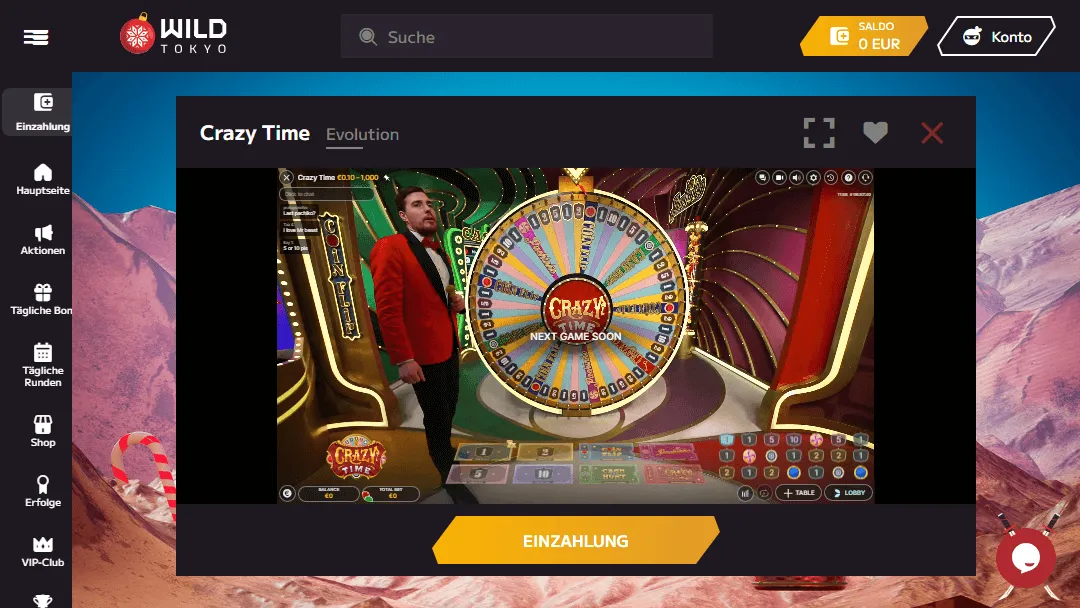 Crazy Time Live-Stream im Wild Tokyo Casino