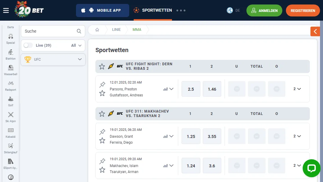 MMA-Wettoptionen auf der 20Bet-Sportwettenplattform