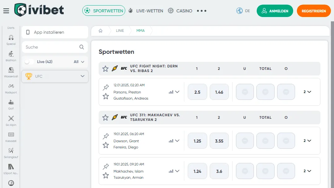 MMA-Sportwetten-Optionen bei Ivibet