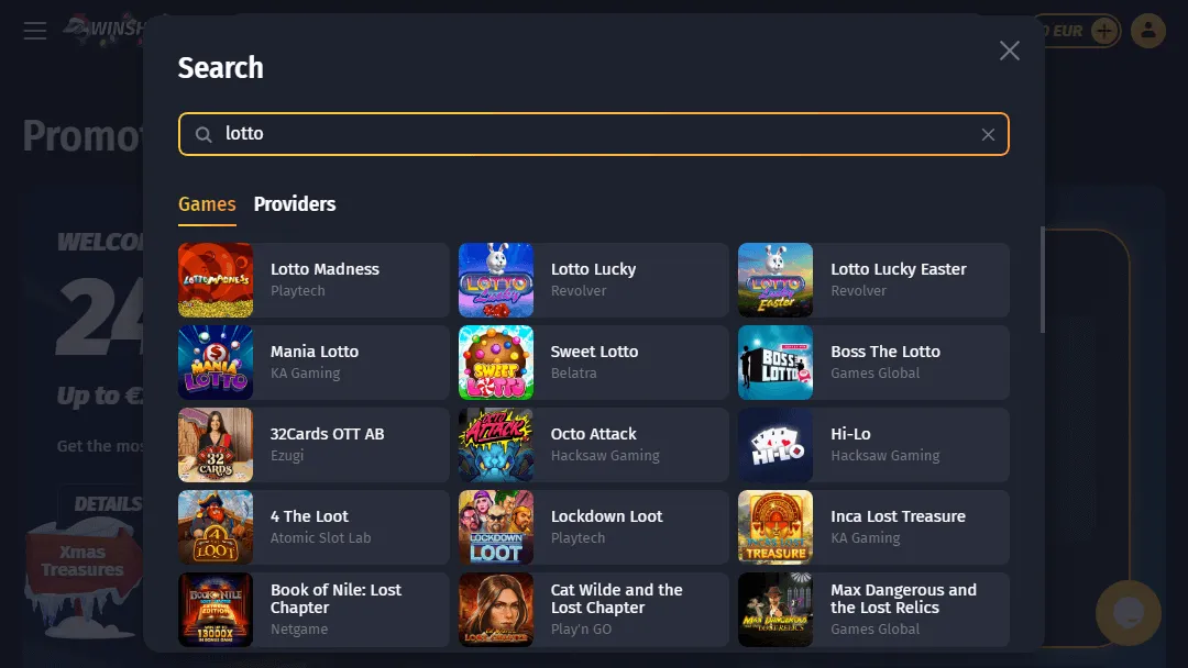 Auf der Suche nach Lotto-Spielen im Winshark-Spielkatalog