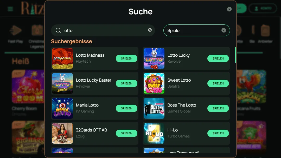 Die Suche nach Lotto-Spielen im Ritzo Casino