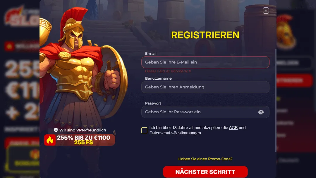 Slota Casino Anmeldefenster
