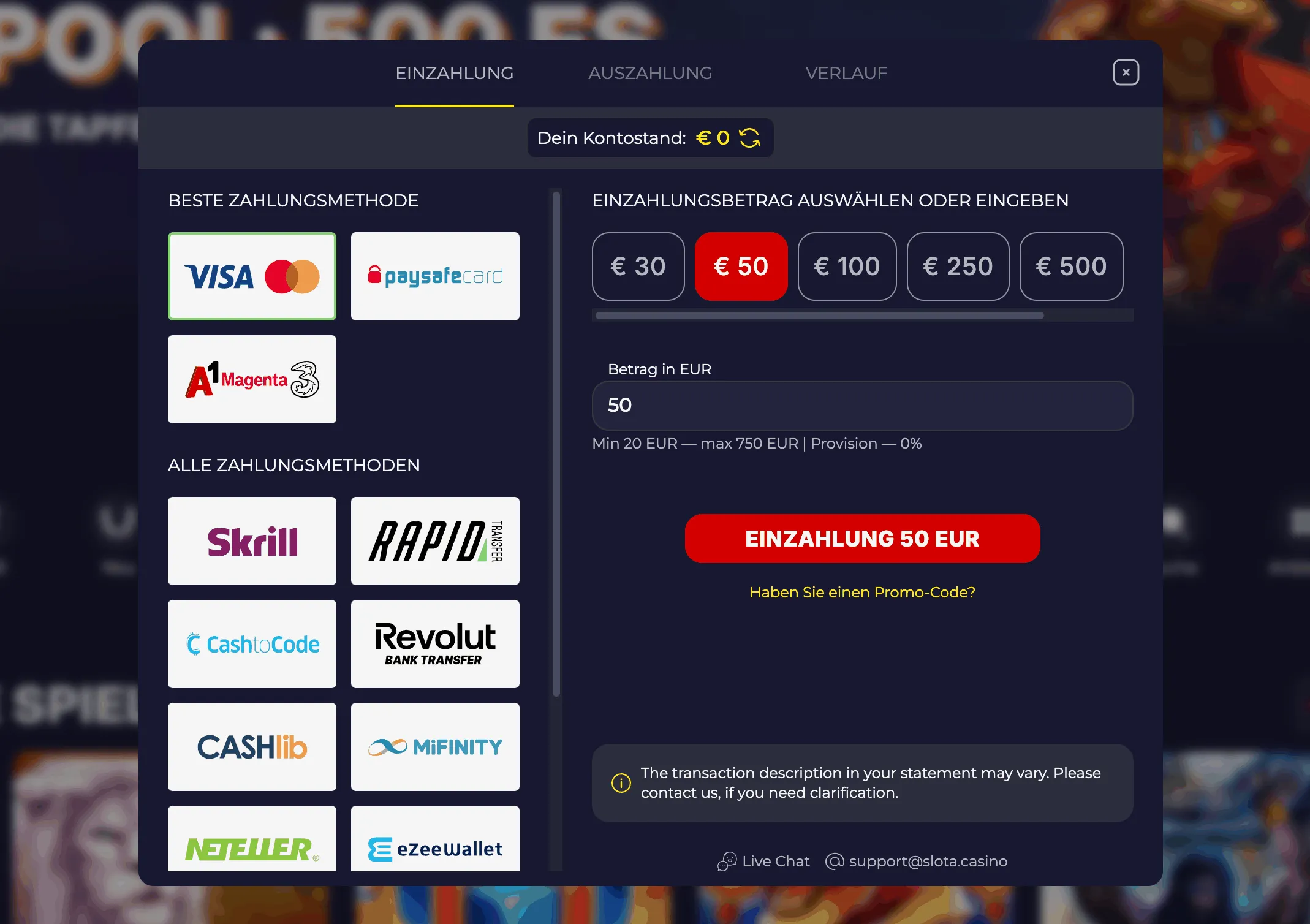 Einzahlungen im Slota Casino