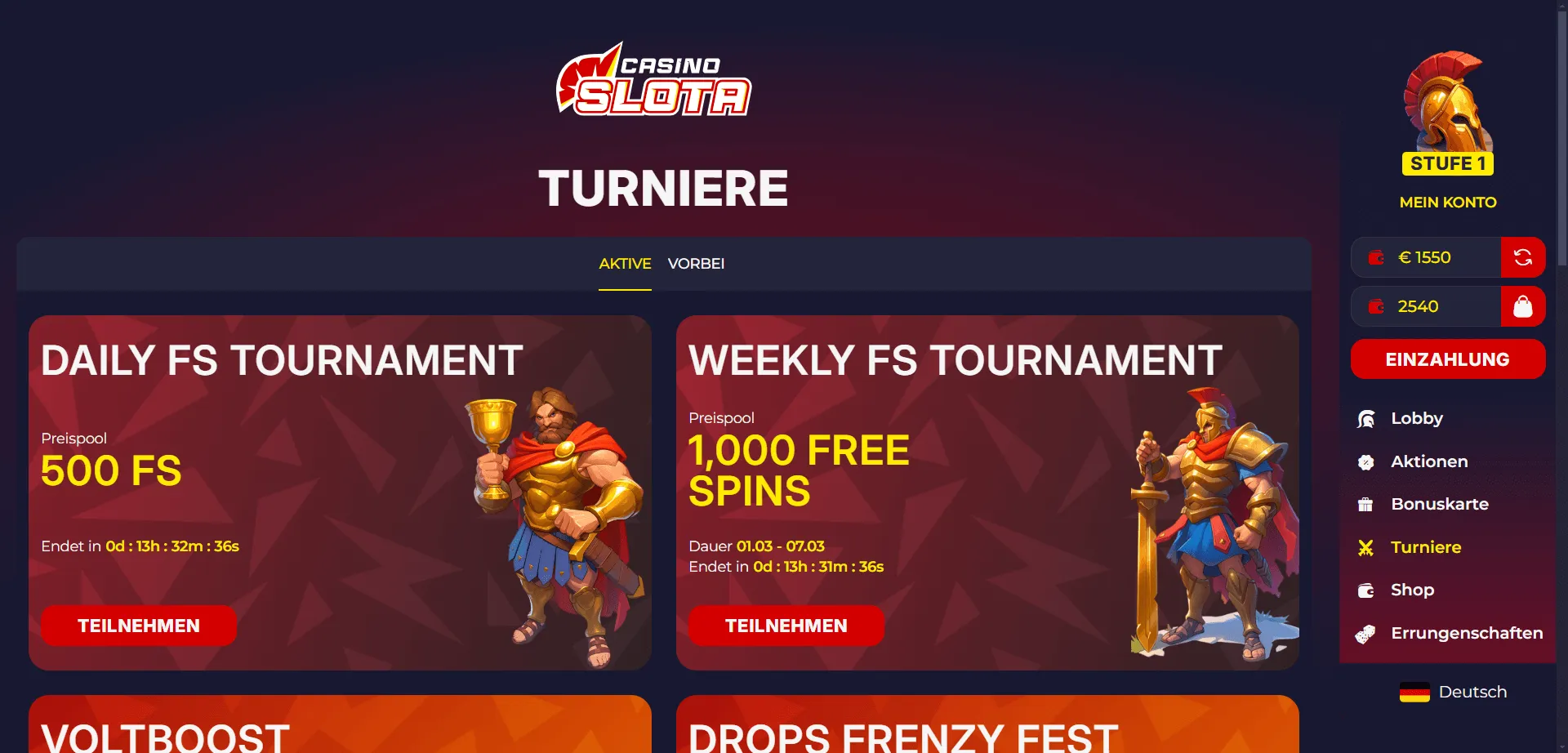 Turniere verfügbar im Slota Casino