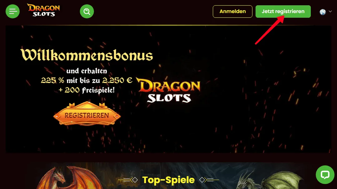 Auf den Registrieren-Button im DragonSlots Casino klicken