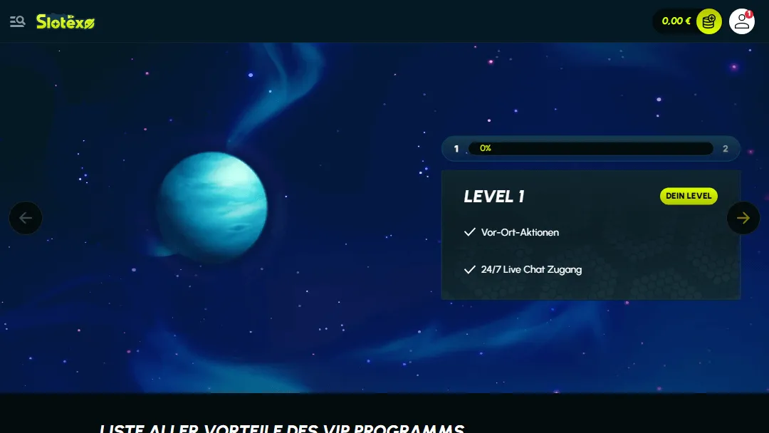 Bild und Informationen zur VIP-Stufe 1 im Slotexo Casino