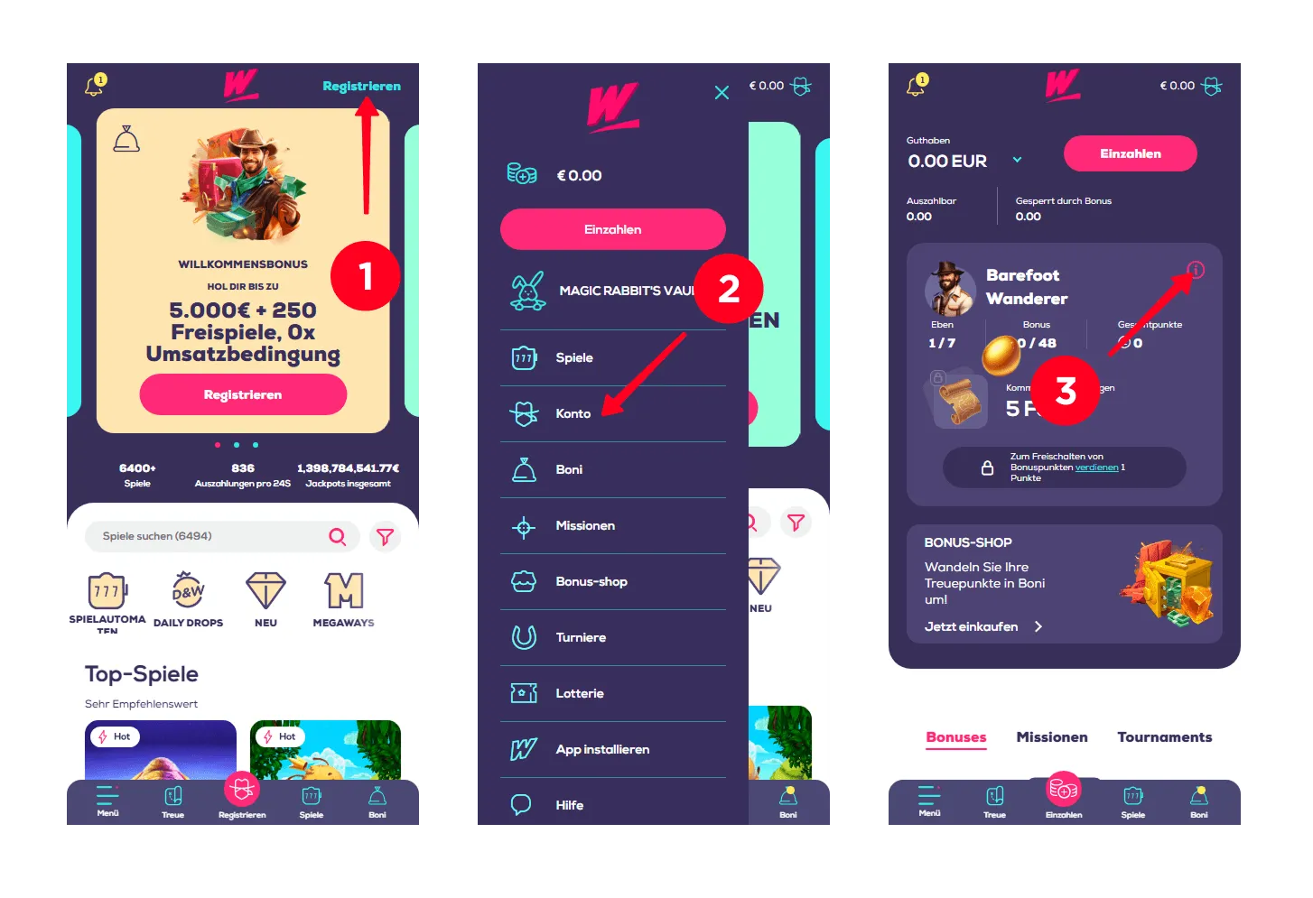 Schritte im Wild Fortune, die zum VIP-Programmbereich führen