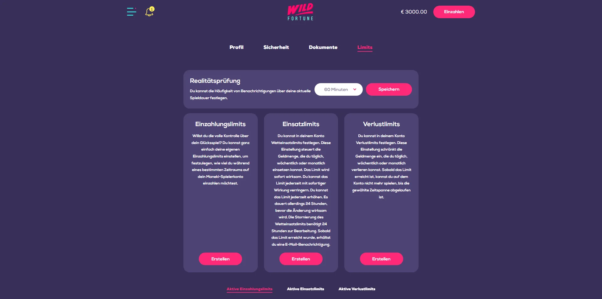 Realitätstest, Einzahlung, Einsatz- und Verlustlimits im Spieleraccount