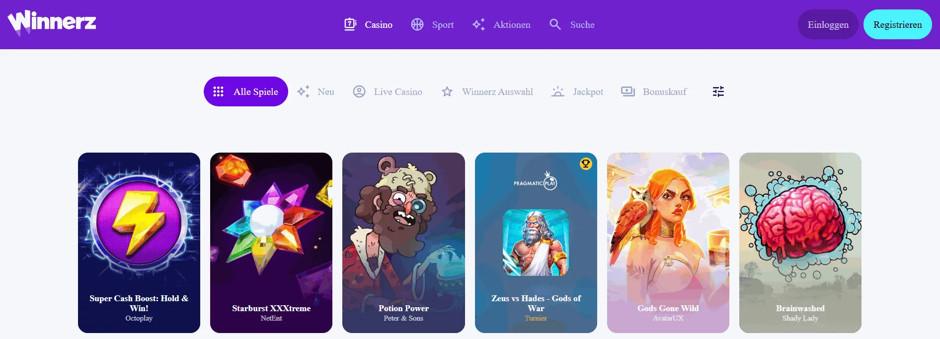 Winnerz Casino Lobby mit schnelle Auszahlung