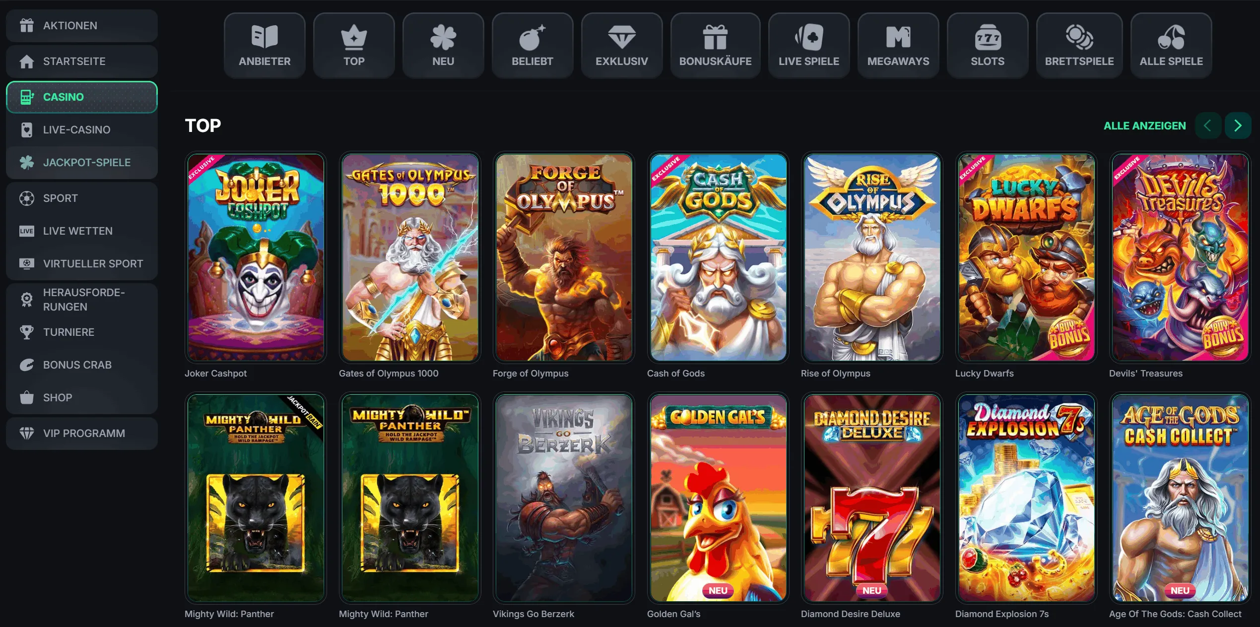 Übersicht des Casino-Bereichs mit Top-Slots wie Joker Cashpot, Gates of Olympus, Lucky Dwarfs und Diamond Desire Deluxe