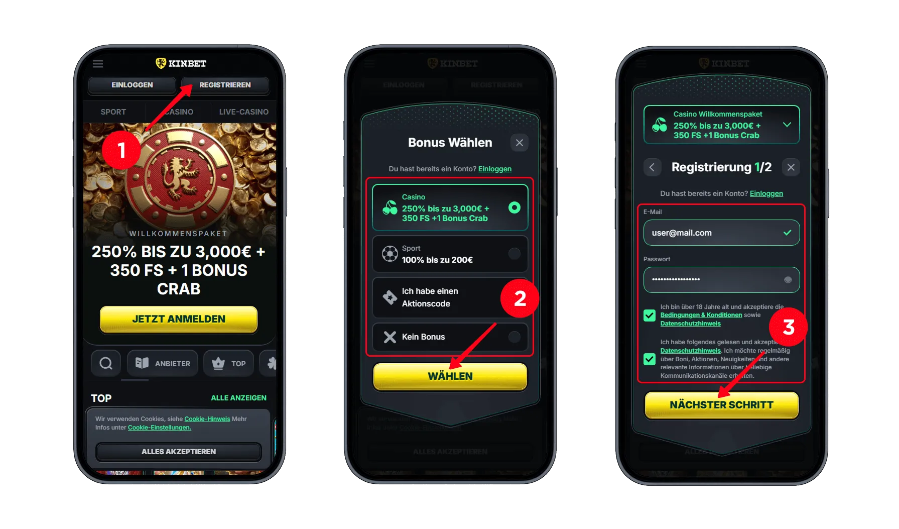 Drei mobile Screens zeigen die Registrierung bei Kinbet, inklusive Bonuswahl und Eingabe von E-Mail und Passwort