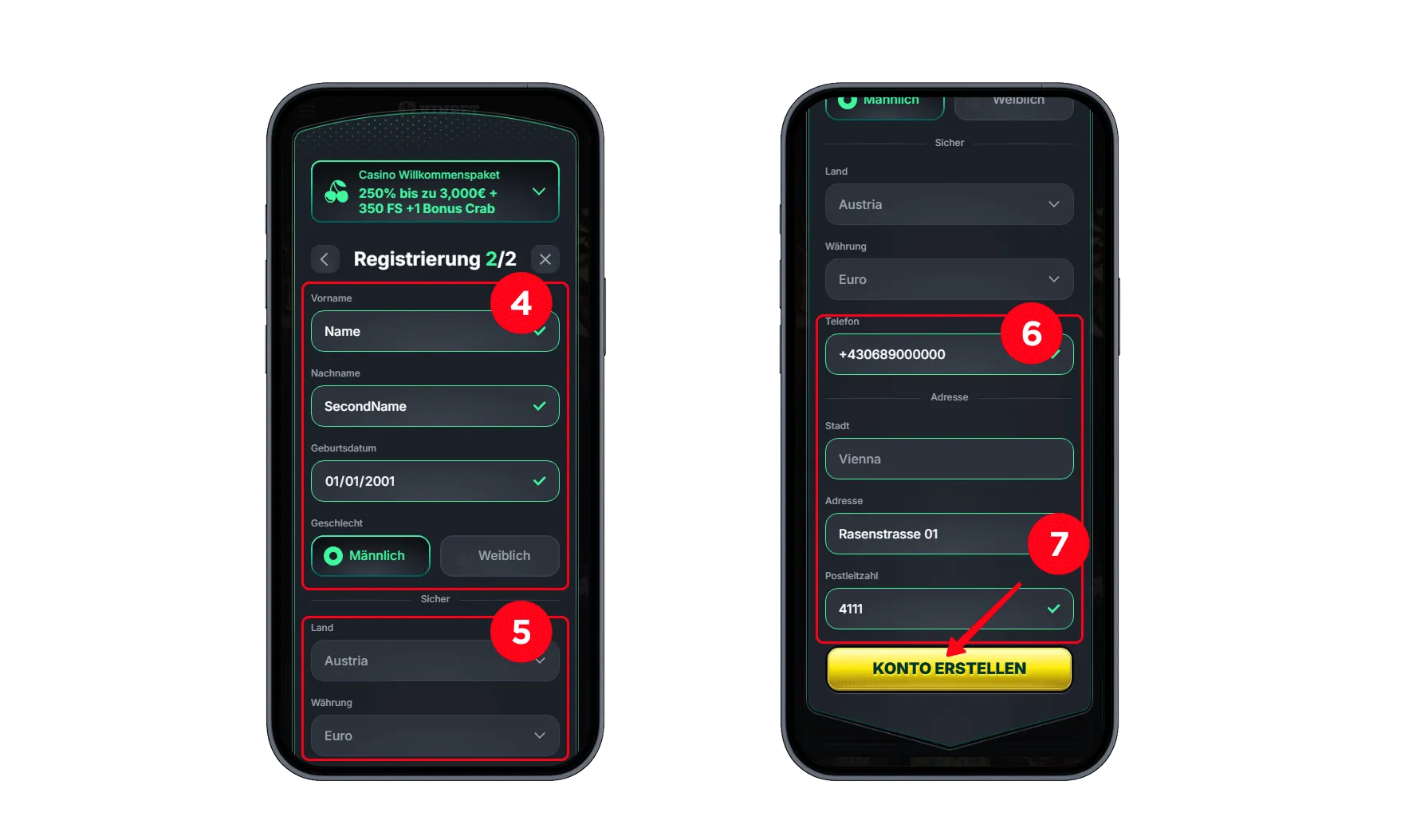 Zwei mobile Screens zeigen das Ausfüllen persönlicher Daten zur Kontoerstellung bei Kinbet, inklusive Name, Adresse und Telefonnumme