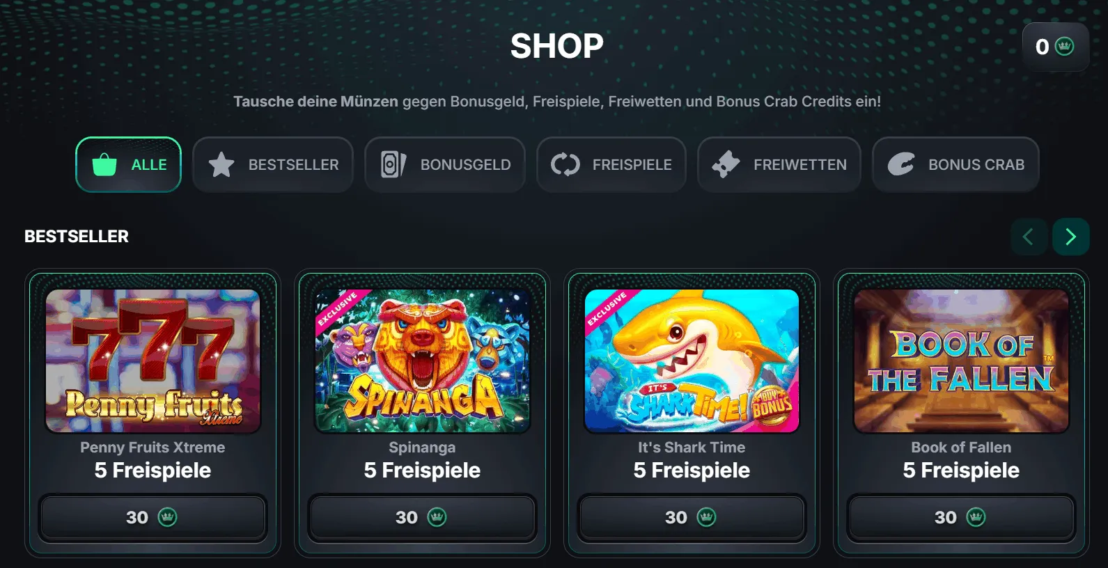 Shop-Ansicht im Kinbet Casino mit beliebten Spielen, für die je 5 Freispiele à 30 Münzen erhältlich sind