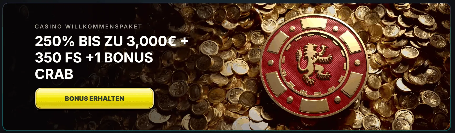 Werbegrafik für das Kinbet Casino Willkommenspaket mit 250 % Bonus bis zu 3.000 €, 350 Freispielen und 1 Bonus Crab auf goldenen Münzen