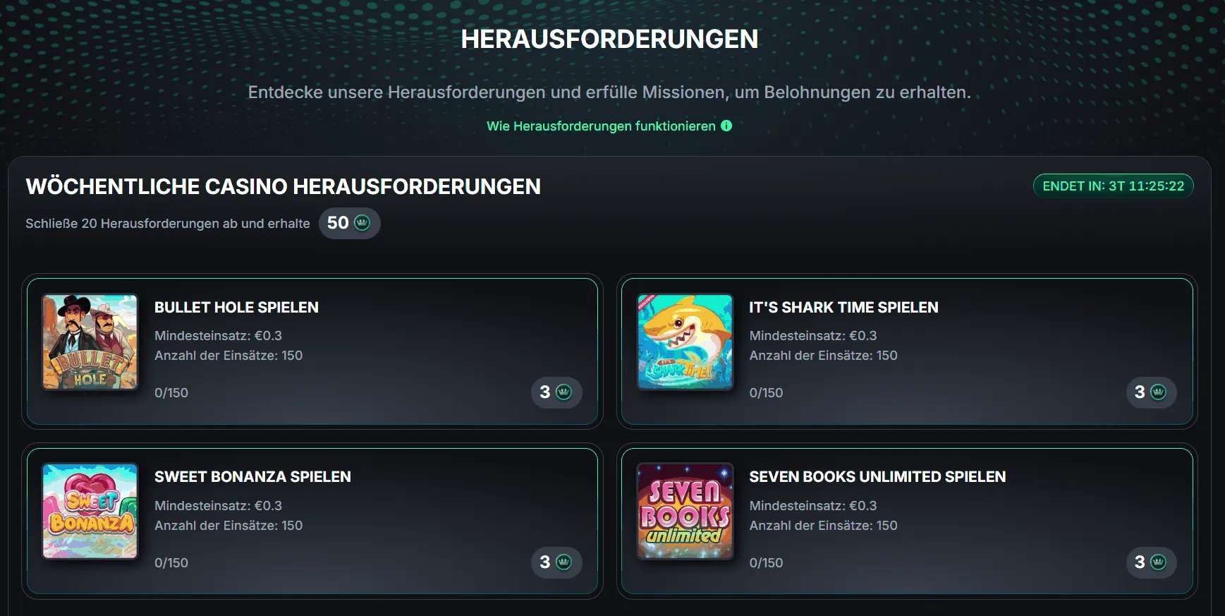 Übersicht wöchentlicher Spielmissionen im Kinbet Casino