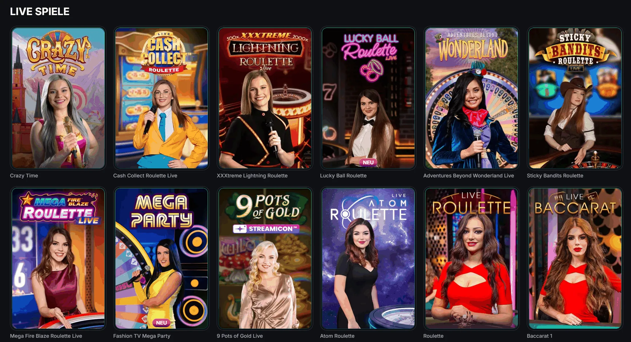 Verschiedene Live-Spiele wie Crazy Time, Lightning Roulette, Mega Party und Baccarat mit realen Moderatoren im Online Casino