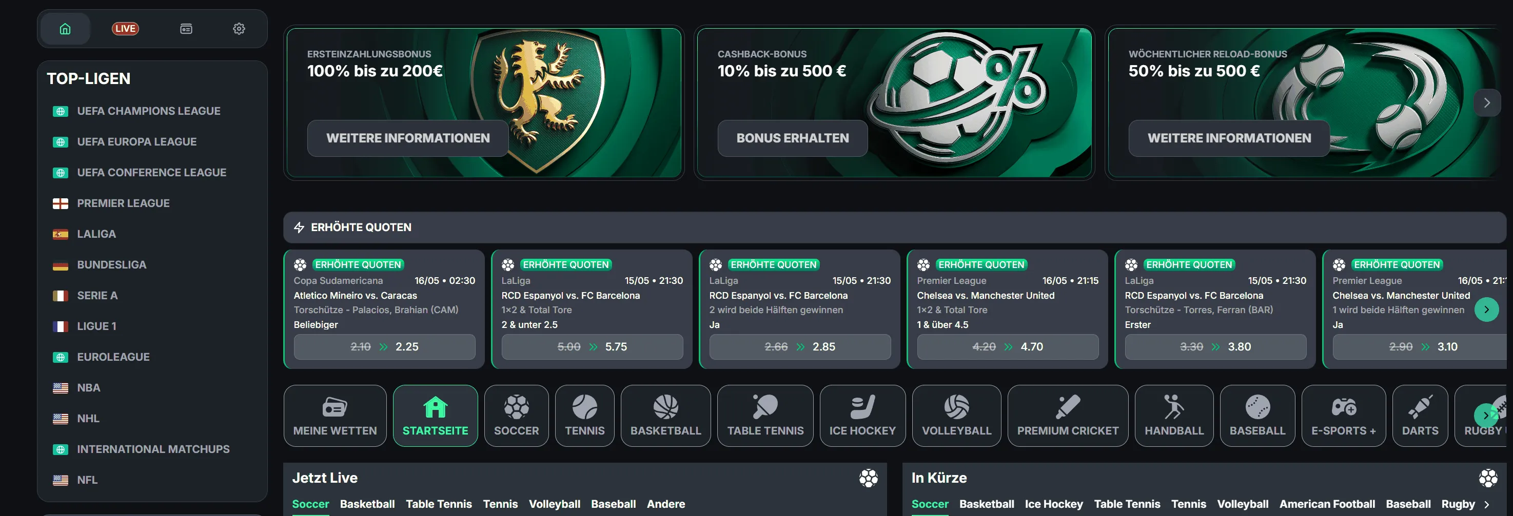 Übersicht einer Sportwettenplattform mit Willkommensbonus, Reload-Bonus und hervorgehobenen Quoten