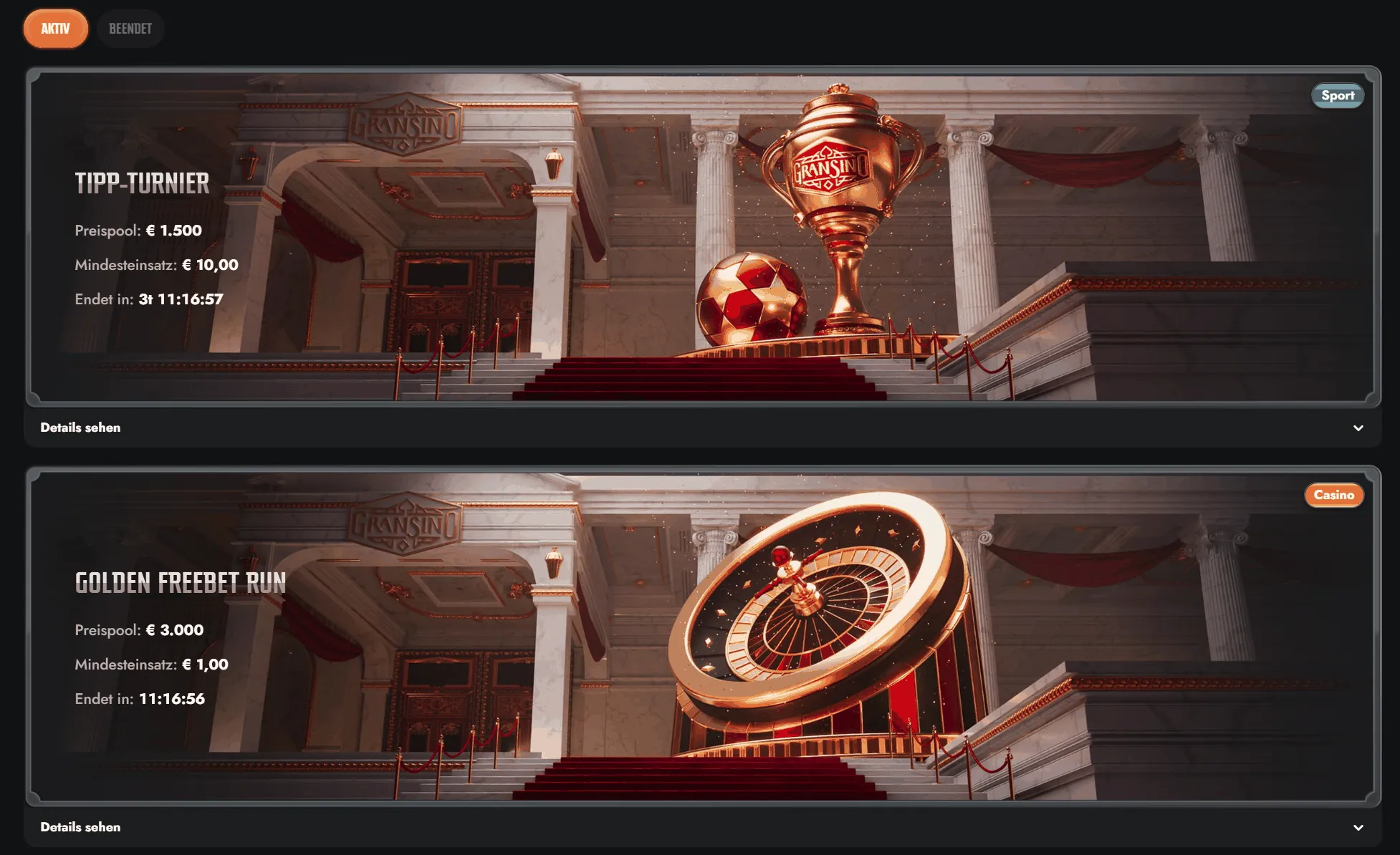 Darstellung zweier aktiver Turniere bei Gransino mit Infos zu Preispool, Mindesteinsatz und verbleibender Zeit