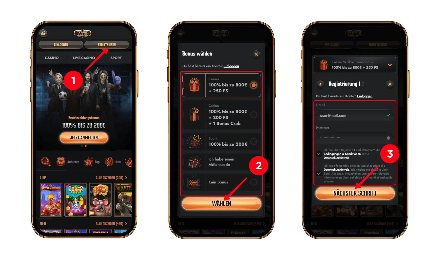 Mobile Benutzeroberfläche mit Registrierung in einem Online Casino, Bonusauswahl und Eingabeformular