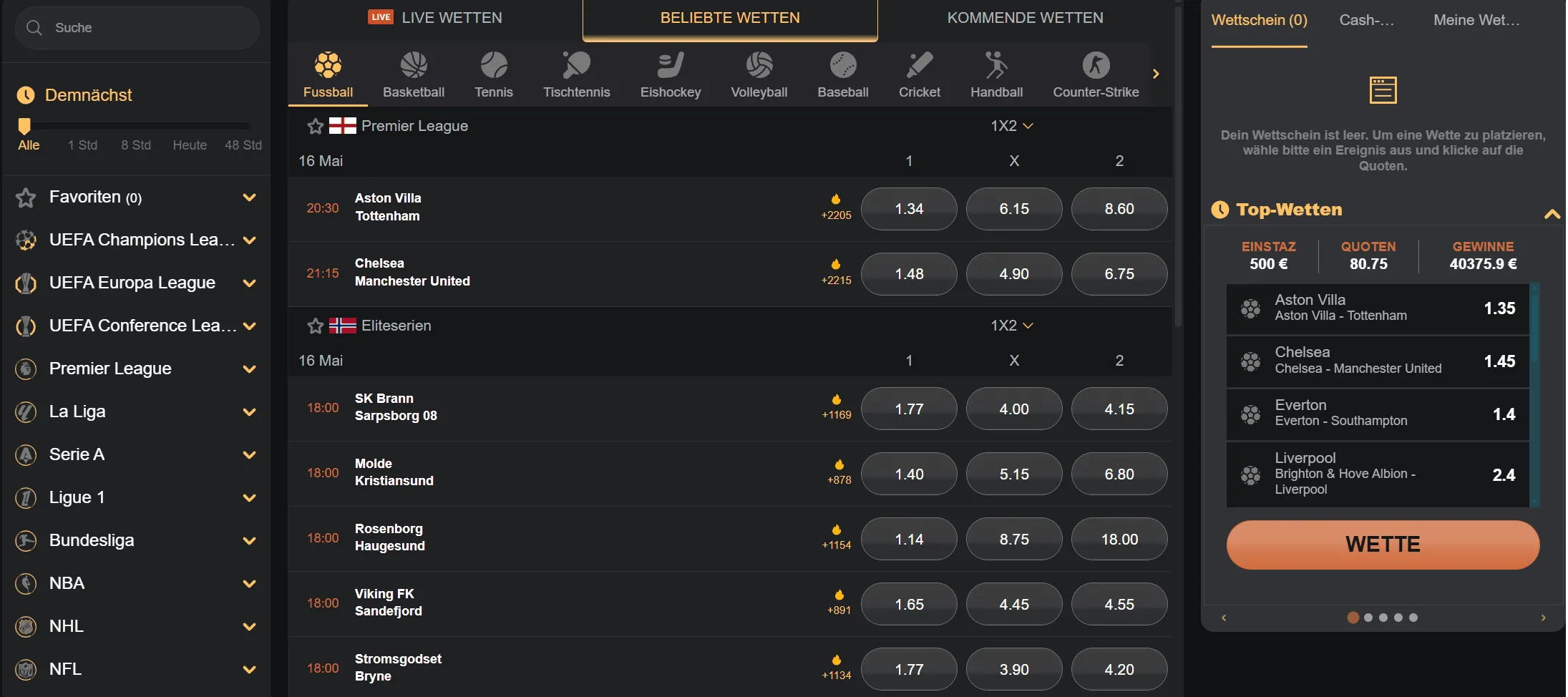 Anzeige aktueller Sportwetten mit Quoten und Einsatzoptionen für Fußballspiele sowie leerem Wettschein und Top-Wettenliste.
