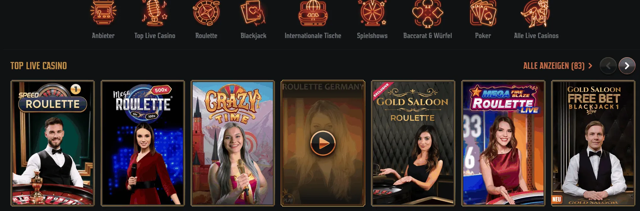 Auswahl beliebter Live Casino Spiele bei Gransino, darunter Speed Roulette, Mega Roulette und Gold Saloon Blackjack