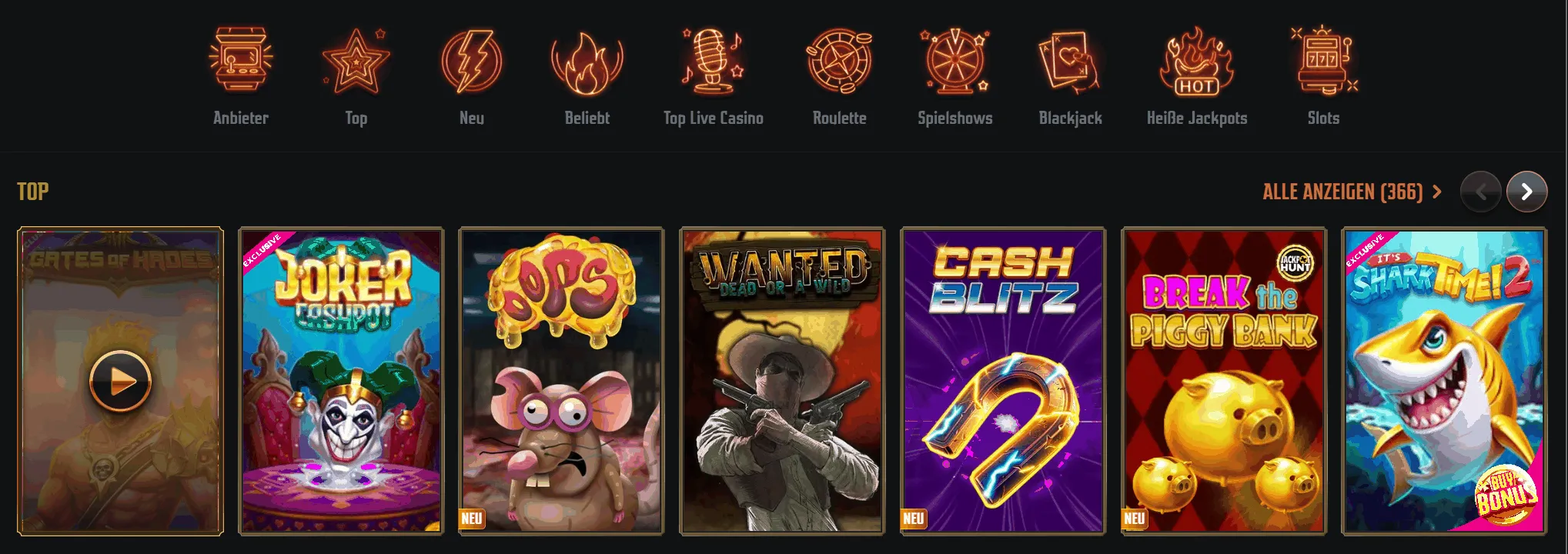 Auswahl an Top-Slots im Gransino Casino mit Spielen wie Gates of Hades, Joker Cashpot und It's Shark Time! 2