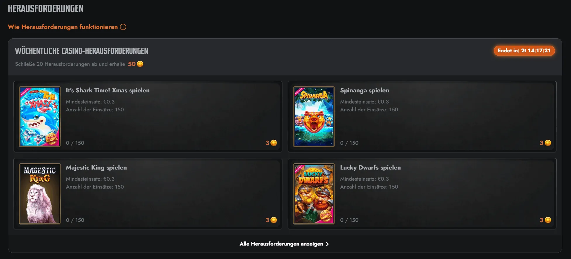 Übersicht über vier wöchentliche Casino-Herausforderungen mit Spielen, Einsätzen und Fortschrittsanzeige