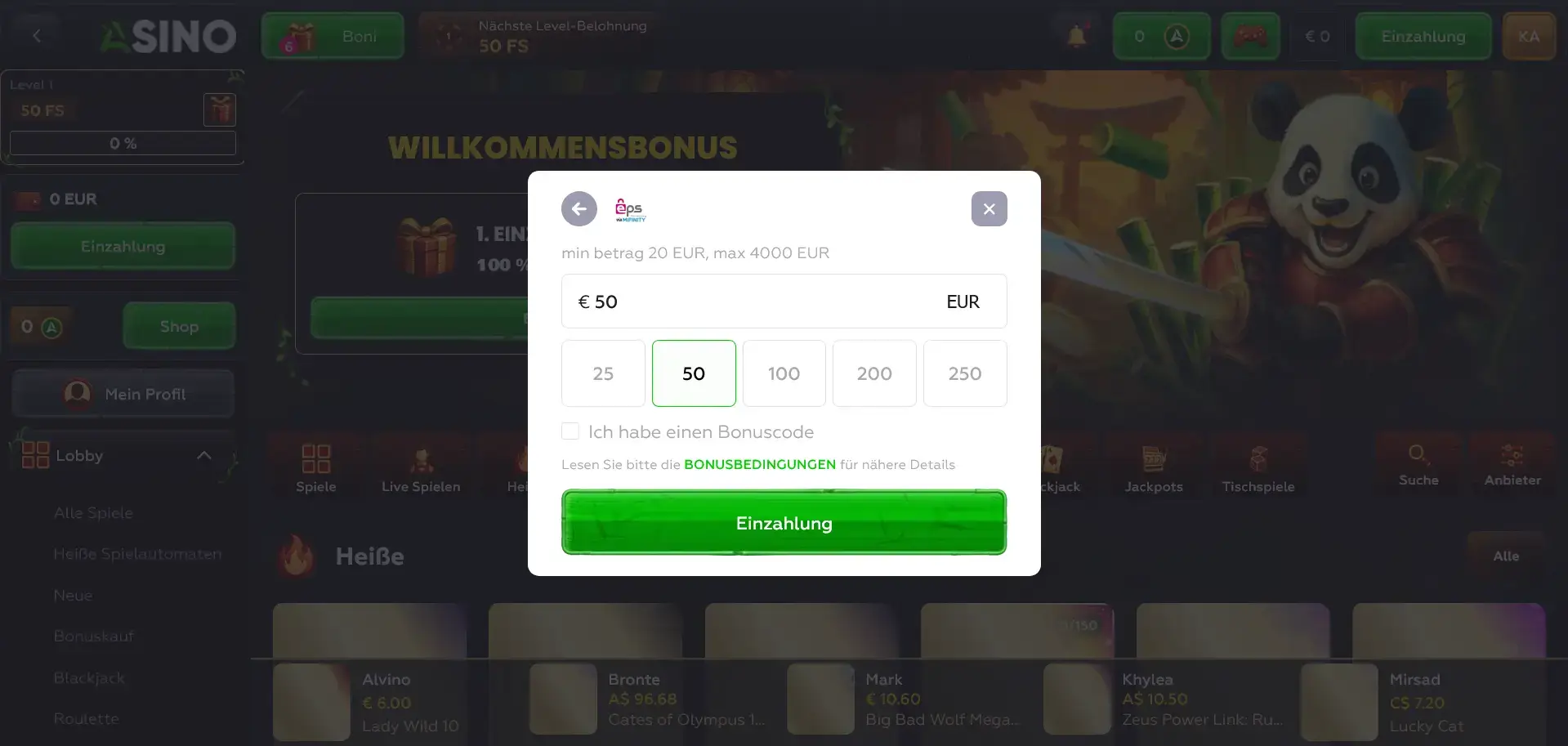 EPS Bonusansicht im Asino Casino