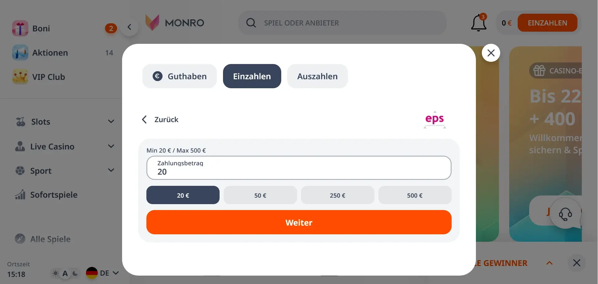 Monro Casino EPS Zahlung